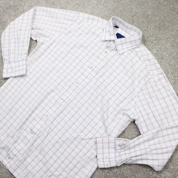 David Donahue Men's Dress Shirt - White with Blue and Red Plaid - Picture 4 of 14